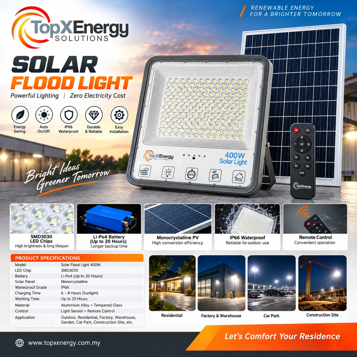 TopXEnergy 400W Solar LED Flood Light